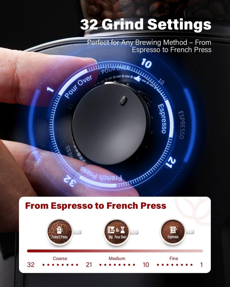 SHARDOR Burr Coffee Grinder 3.0, 32 Grind Settings for Espresso, Pour Over, Drip, and French Press, Adjustable Timer, Easy-Clean Chamber for Home Brewing - Image 3